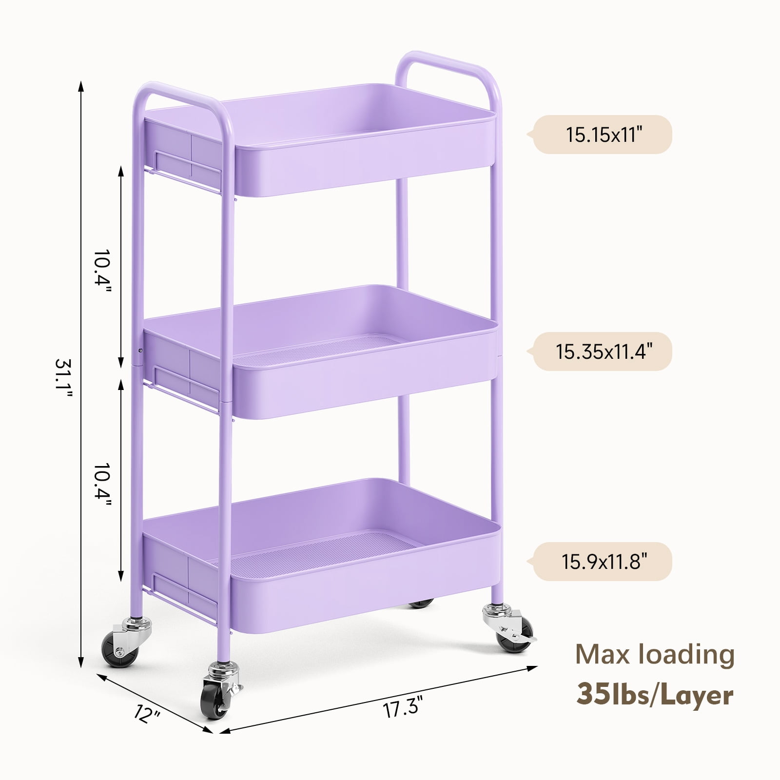 KK KINGRACK 3-Tier Rolling Cart, Metal Utility Cart with Wheels, Home Office School Organizer, Purple