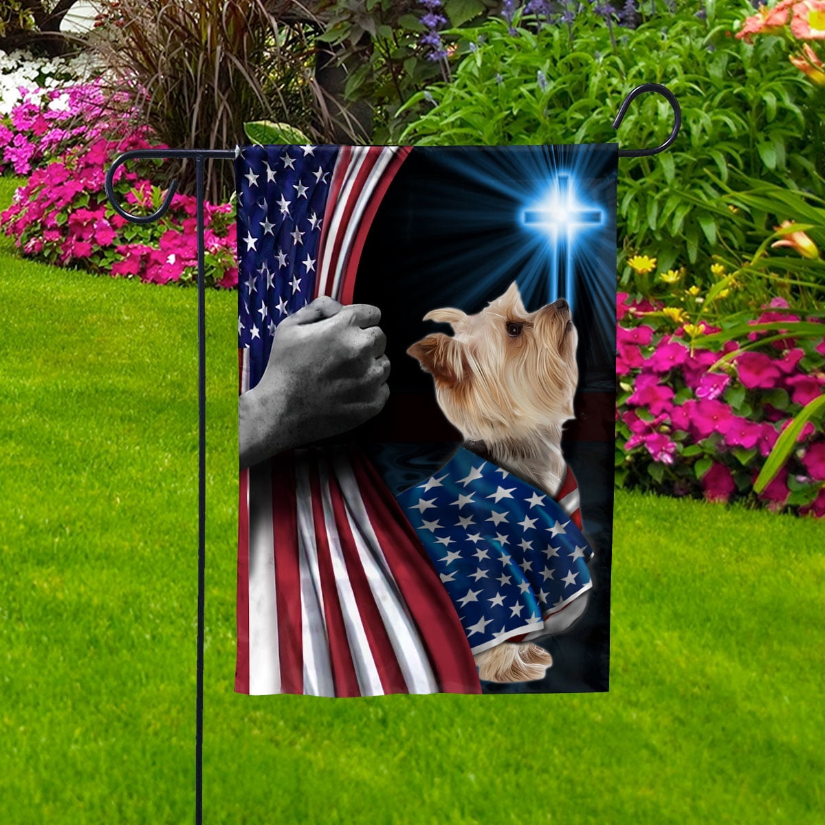 Hand Pulling USA Flag Yorkshire Terrier Dog Wearing Flag American Standing under Cross Christian Patriotic House Flag (12x18) Double Sided-Premium Polyester-Decorative Indoor Outdoor Flag