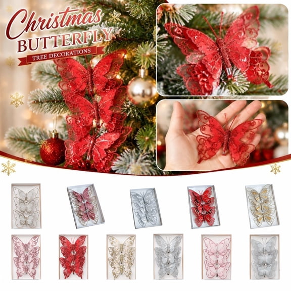 Seasonal Home Decor, Butterfly Decor, Christmas Decor, Party Decorations, 3 Pack Glitter Red Butterfly Clip-On Christmas Tree Hangings 8X5X2 Inch for Christmas Atmosphere