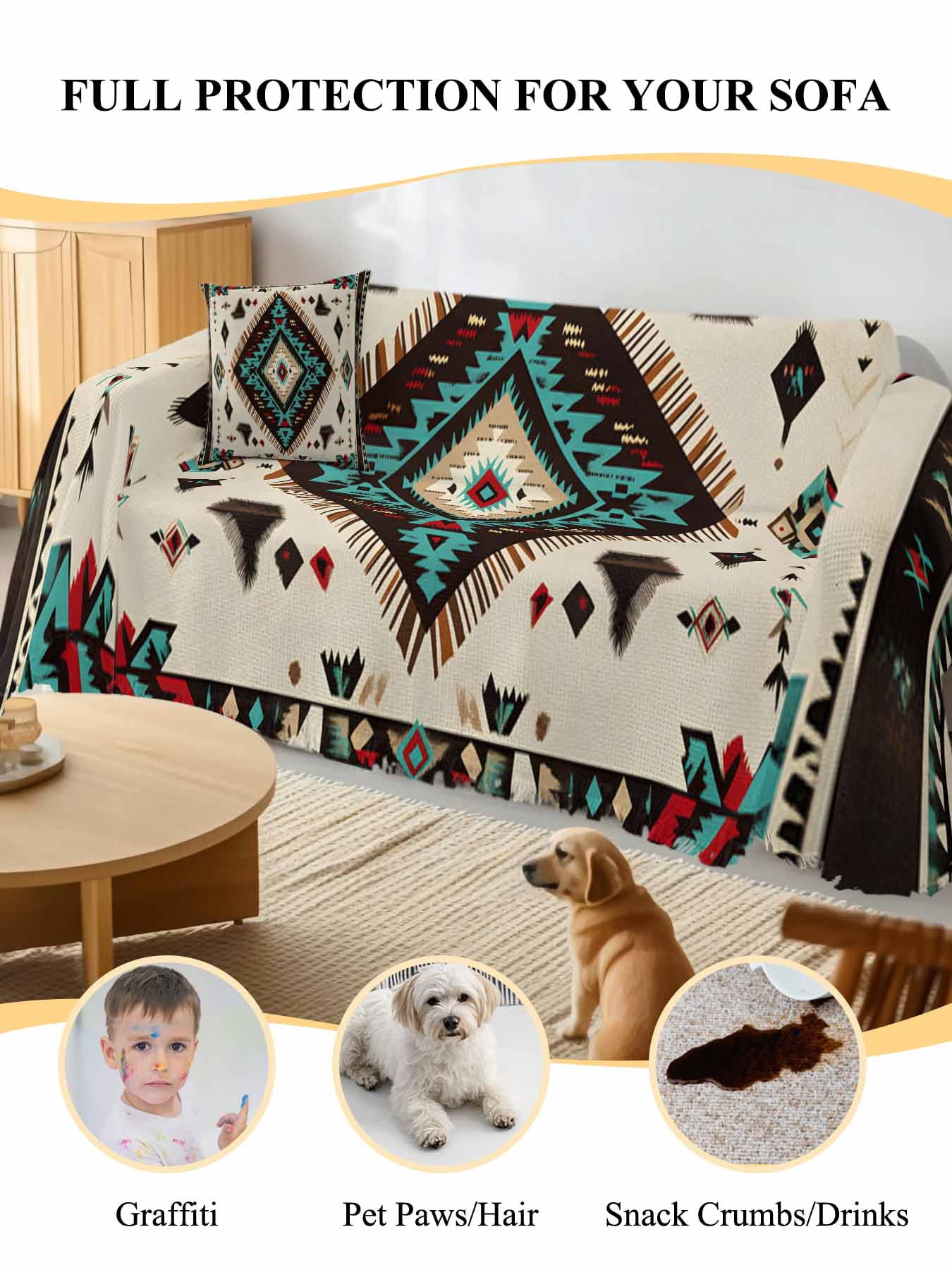 Red Teal Brown Southwestern Couch Cover, Ethnic Geometric Boho Retro Sofa Cover Blanket for 3 Cushion Couch, Sectional Sofa Slipcover Furniture Protector for Living Room Bedroom 71''x134''