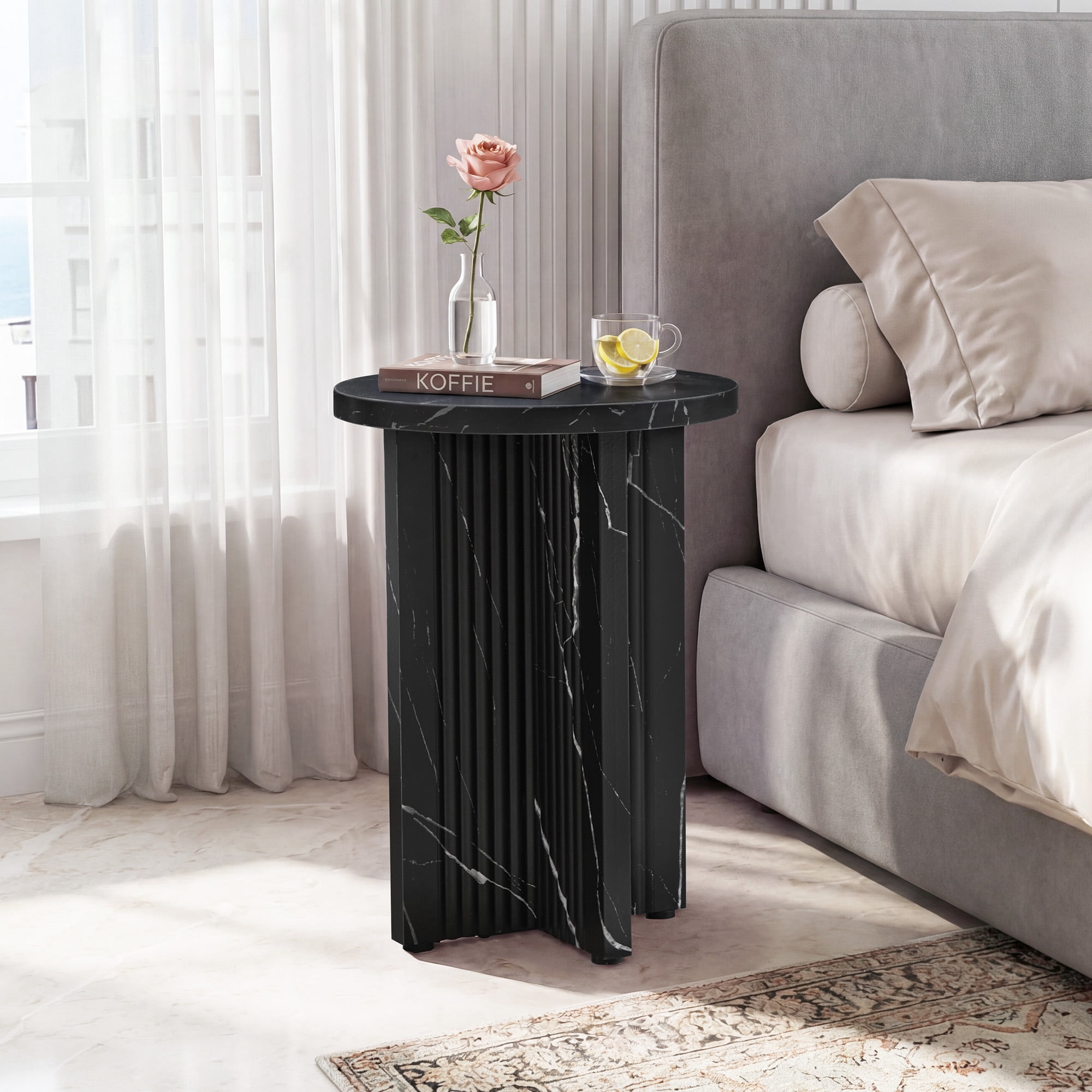 YOCWO Round Small End Tables for Living Room with Wave Base, Mordern MDF Side Table for Bedroom Small Space with Marble Veneer Finish, Black