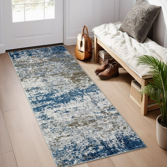 Modern Abstract Washable Rug - Non-Slip Low Pile Soft Carpet, Machine Washable Floor Cover for Living Room, Bedroom