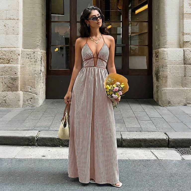 2026 Summer New Women's Blue White Striped Halter Deep V Maxi Dress Brown Contrast Trim High Waist Summer Vacation Sundress