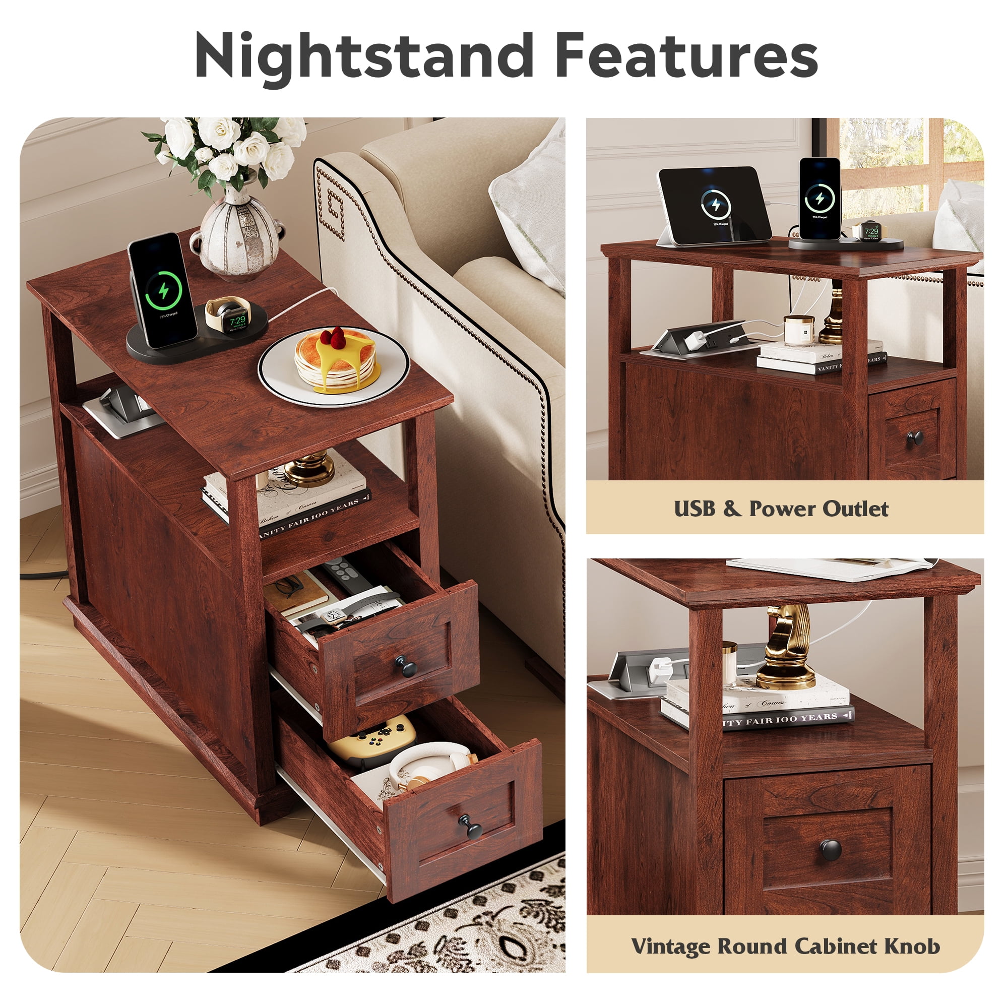 GALAXHERO Narrow End Table with Charging Station Wooden Side Table with 2 Drawers for Living Room, Bedroom, Small Space, Antique Cherry