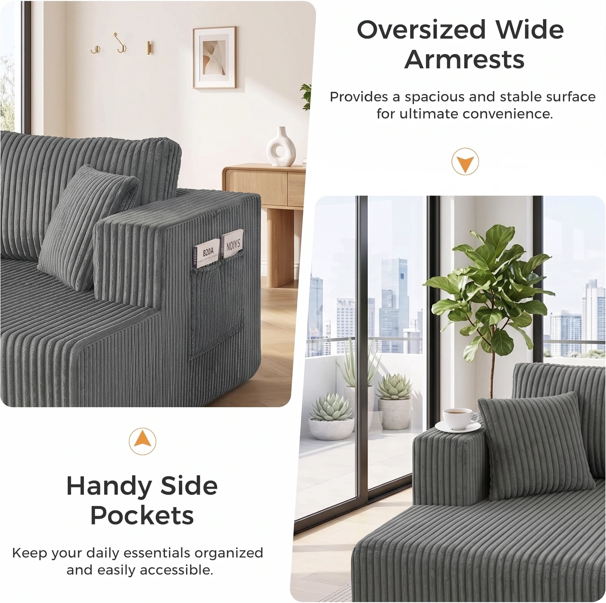 AISWORD 132" U Shaped Modular Sectional Sofa, Comfy Cloud Boneless Sofa with Chaise and Side Pockets, Memory Foam Sleeper Sofa for Living Room, Gray