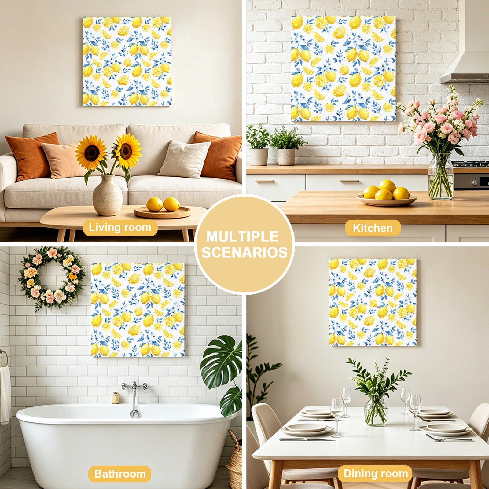 Summer Fruit Canvas Wall Art for Living Room, Watercolor Lemon Cute Frangipani Blue Leaf Farmhouse Poster Print Painting for Bedroom Office Home Decoration Wall Pictures Prepare To Hang 16"x16"