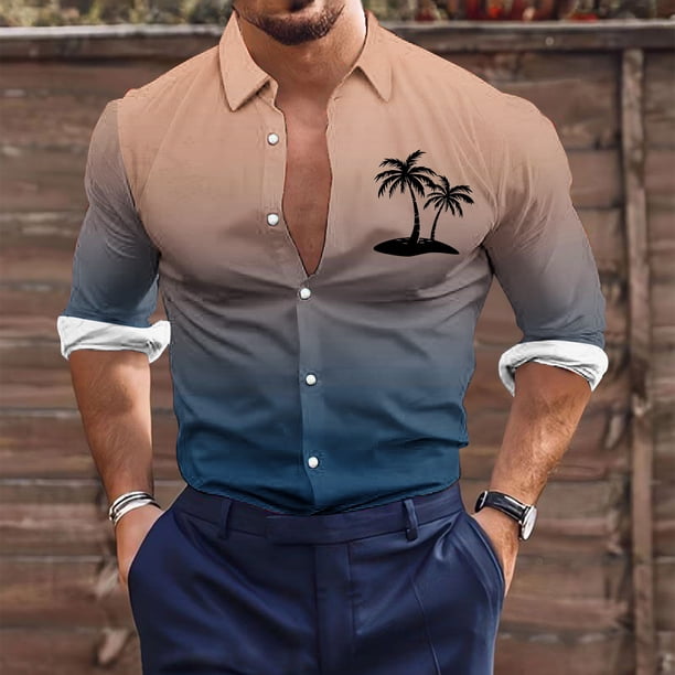 Blusa y camisa de manga larga con cuello vuelto para hombre, estilo casual, a la moda, con botones estampados, blusa de manga larga con cuello vuelto, camisetas de poliéster para hombre