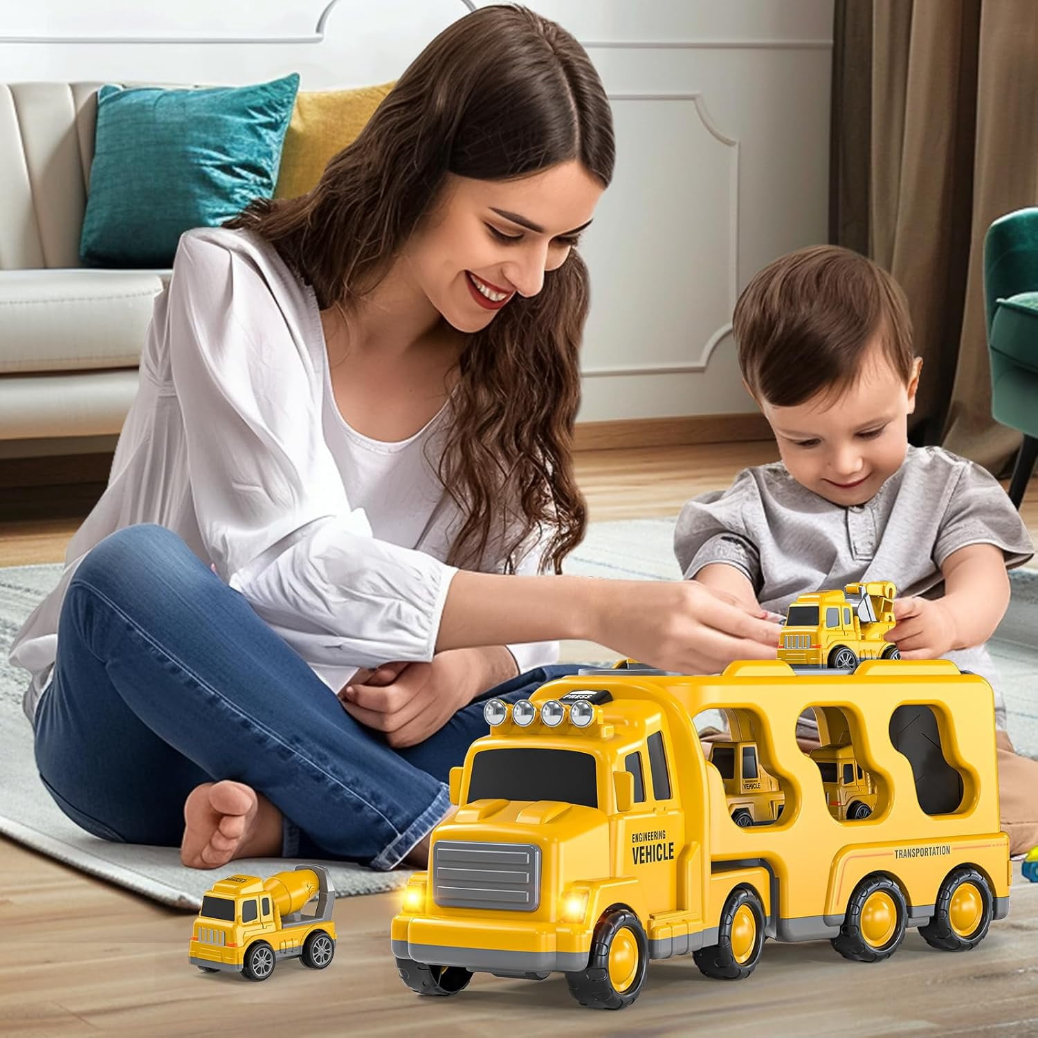 TYMZDYN Construction Truck Boy Toys for 3-5 Year Old Toddlers - Toys for 3 4 5 6 7 Years Old Engineering Transport Vehicle Carrier Truck, Kids Excavator Crane Gift Toys for Boys & Girls Aged 4-6