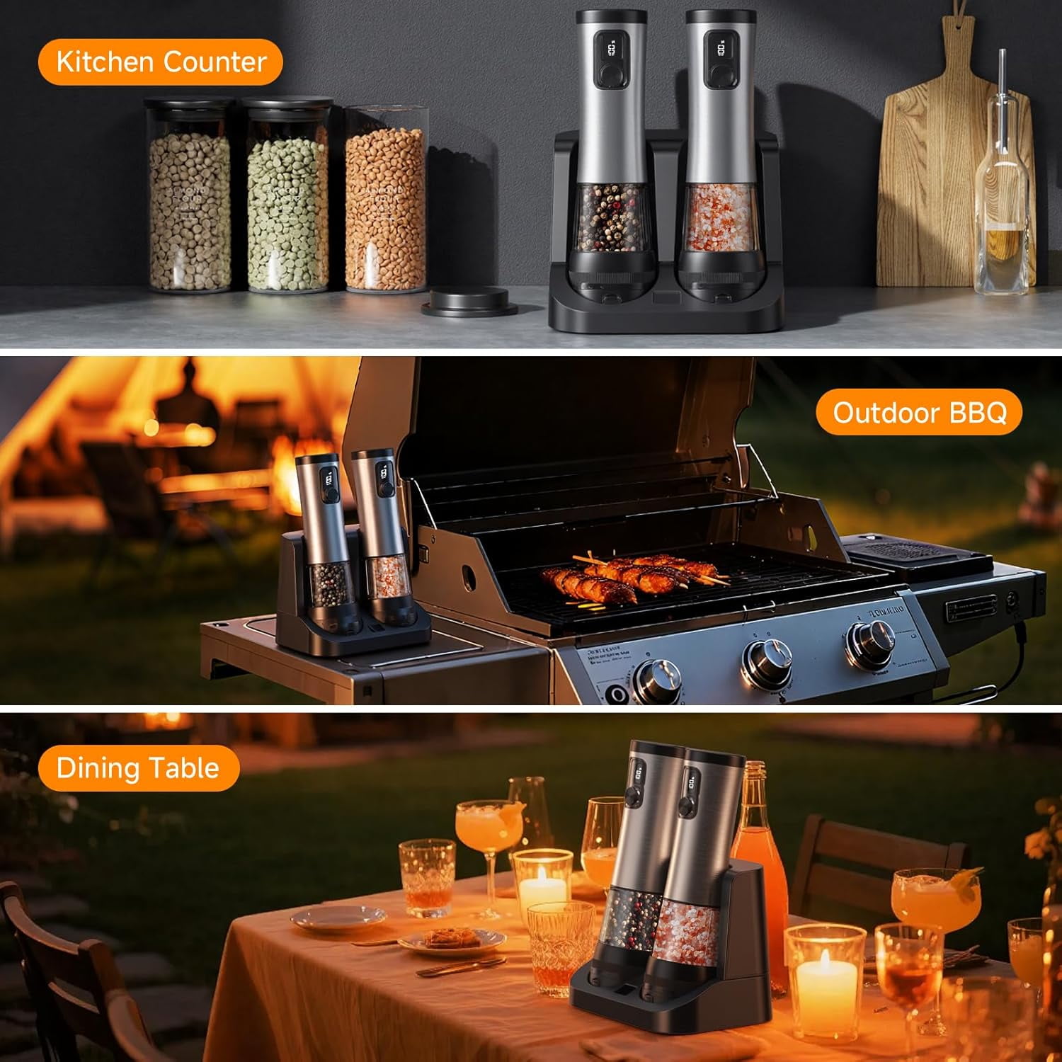 Electric Salt and Pepper Grinder Set with Charging Base, 2 Pack Rechargeable Automatic Spice Mills, 5 Level Settings, LED Light, Large Capacity for Kitchen