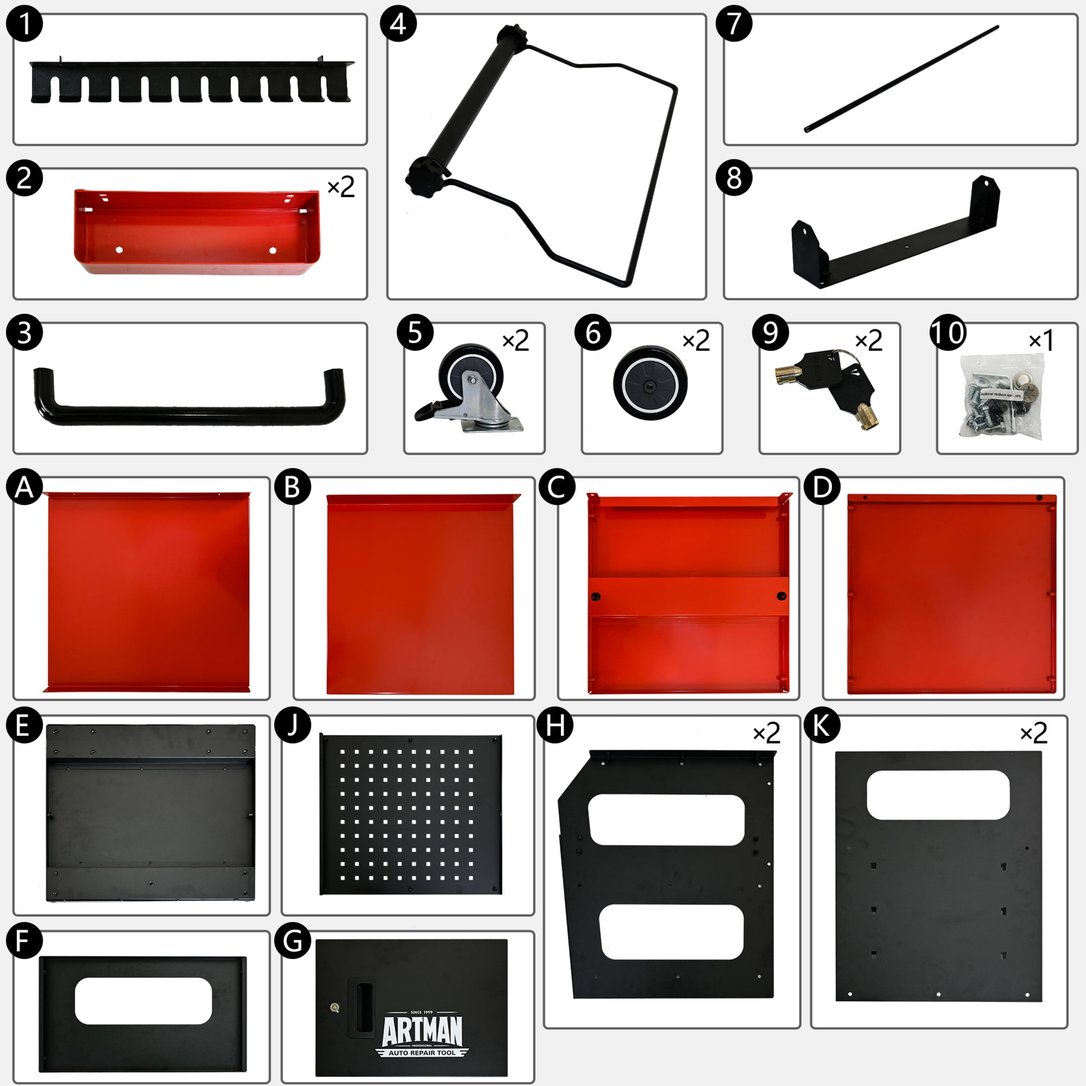 Noble House 17" 4-Level Multi-functional Diagnostic Trolley, Car Equipment Cart with Locking Cabinet, Black & Red