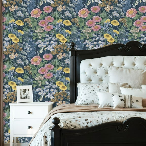 Boho Peel and Stick Wallpaper Colorful Floral Pink Peonies Yellow Sunflowers Dark Contact Paper 23.6in x 9.8ft Wallpaper Removable Self Adhesive Wall Paper for Bedroom Nursery