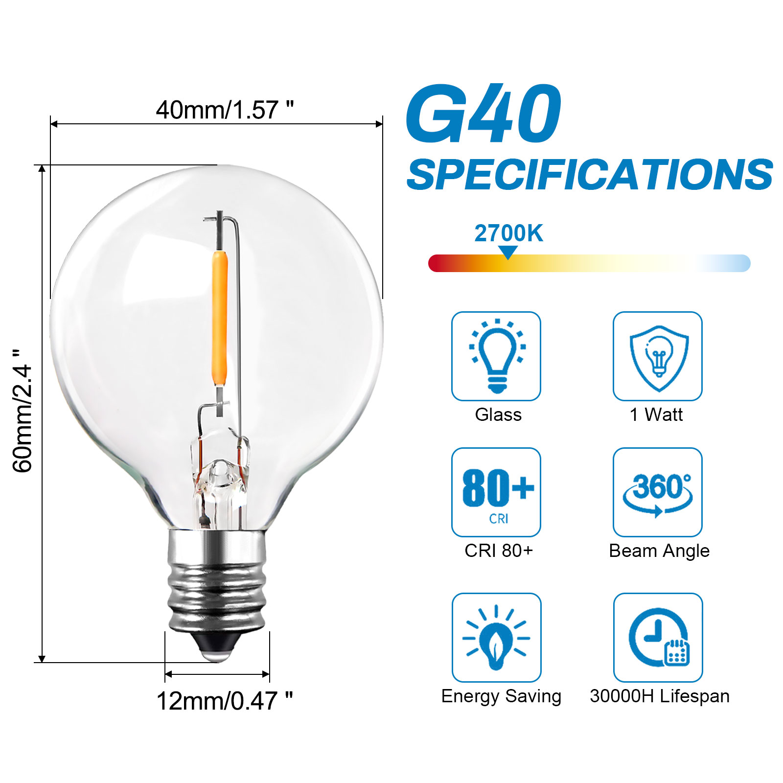 BRIMAX 6pcs G40 LED Replacement Light Bulbs, 1W Equivalent to 7W, Soft  White Bulbs for Outdoor Patio String Lights 