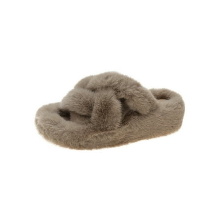 

Ymiytan Women Slides Slip On Fuzzy Slippers Open Toe Plush Slipper Indoor Anti-Slip Breathable Flat House Shoes Khaki 5.5