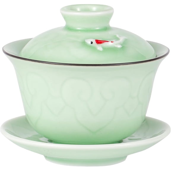 Urban Tokyo Gaiwan Teacup Kung Fu Tea Set Cup and Saucer With Lid 5 fl oz Traditional Porcelain Gongfu Tea Set (Celadon Green Koi Fish)