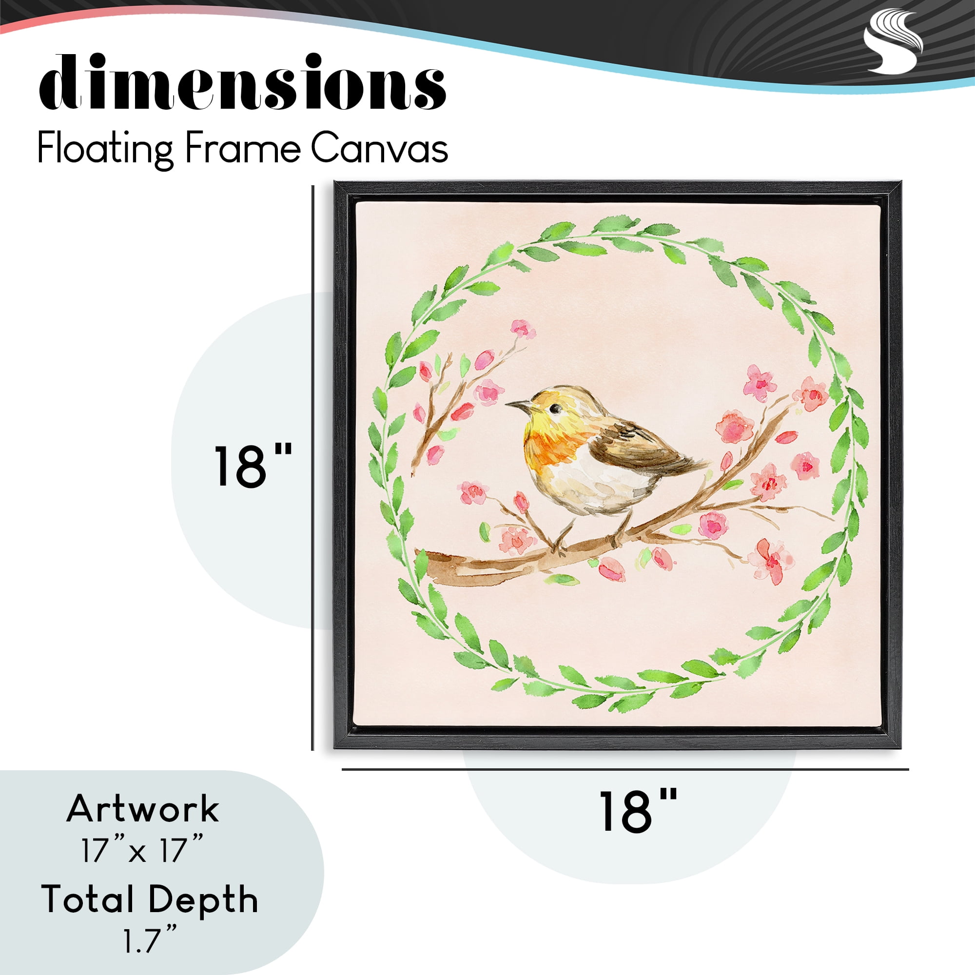 Spring Wreaths Bird Black Framed Floater Canvas Wall Art, design by Elena Fay