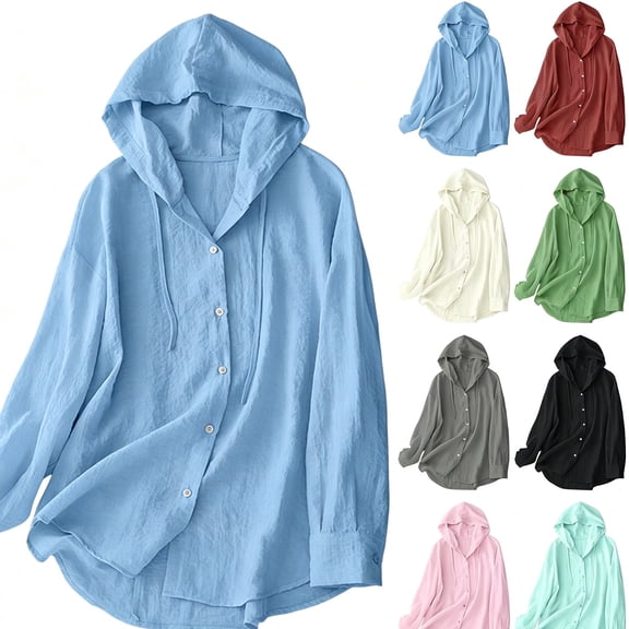 Miqool Women's Button Down Hoodies Cotton Linen Long Sleeve Sweatshirt Sun Protection Lightweight Drawstring Hooded Shirt Tops Beach Cover Ups
