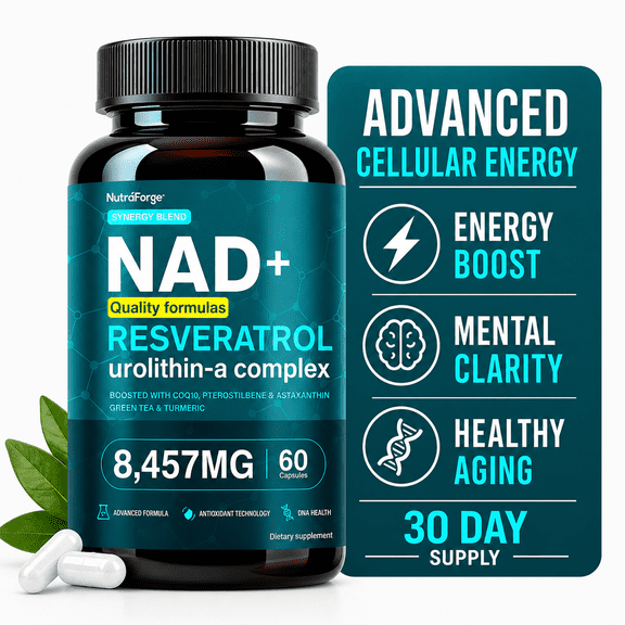 NAD  Resveratrol Urolithin A Complex – Cellular Energy, Focus & Healthy Aging – Advanced Formula with CoQ10, Pterostilbene, Astaxanthin & Green Tea – 60 Capsules