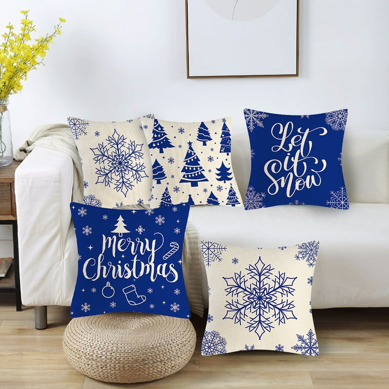 Snowy Christmas Tree Throw Pillow Covers Blue White Christmas