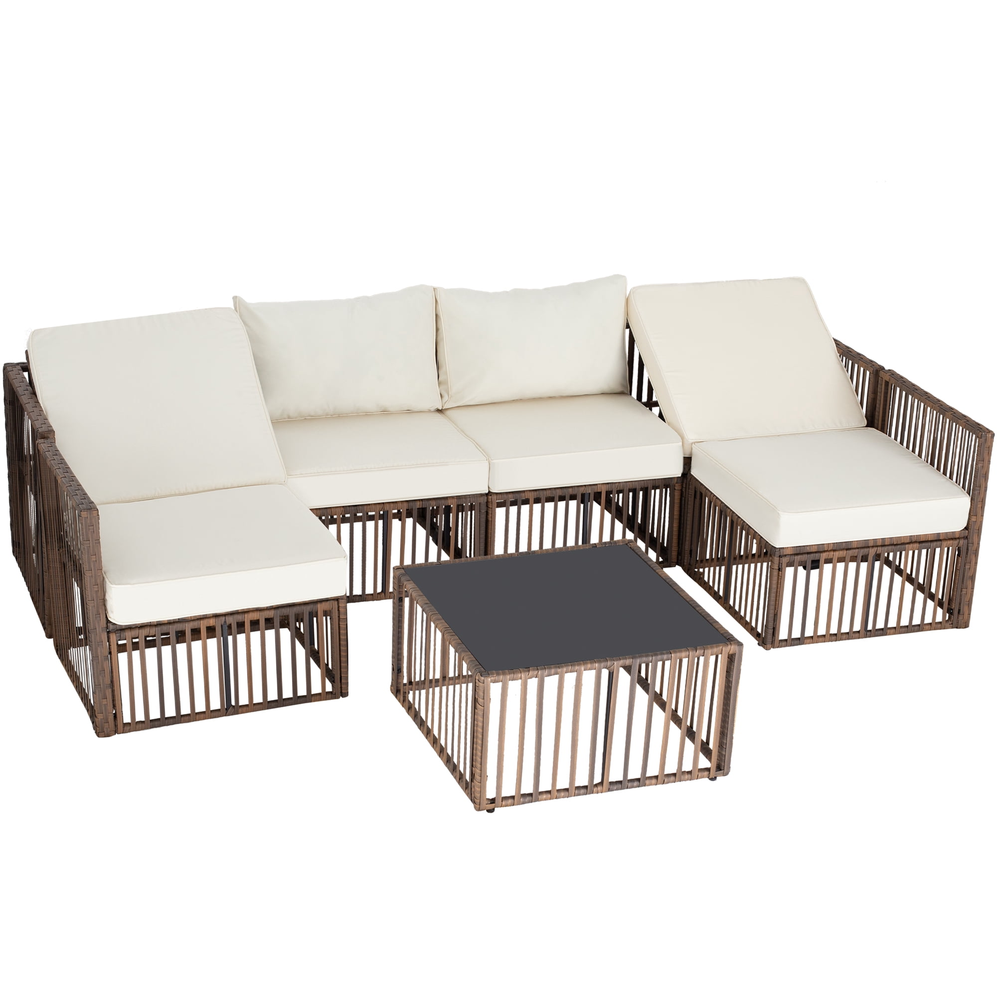 7 Pieces Outdoor Patio Furniture Set, Wicker Outdoor Sectional Conversation Couch Set with Adjustable Backrest Sofa, Cushions & Coffee Table for Outside,Garden,Deck,Brown Wicker/Beige Cushions