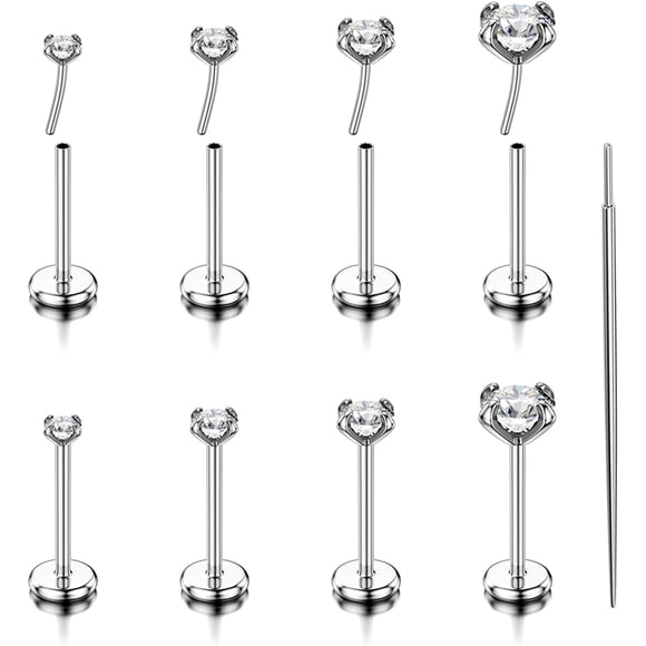 8Pcs 18G 20G Flat Back Earrings 316L Surgical Steel Threadless Tragus Cartilage Nose Stud Push Pin Lip Stud Rings Medusa Piercing Jewelry Hypoallergenic