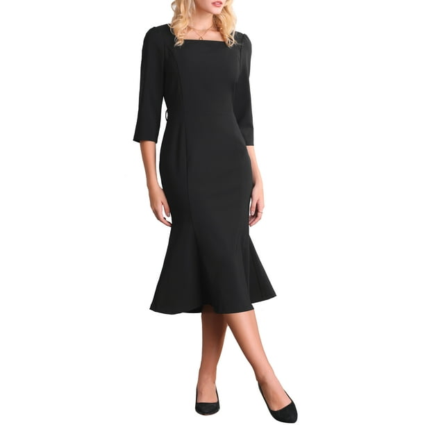 INSPIRE CHIC Vestido de cola de pez elegante para mujer con cuello cuadrado, cinturón y mangas 3/4, vestido de sirena negro para el trabajo