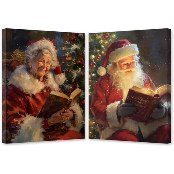 ZHONGYUTONG 2 Piece Christmas Canvas Wall Art Santa and Mrs Claus Pictures Santa Claus Couple Painting for Bathroom Decor Framed (11.00" x 14.00" x 2PCS)