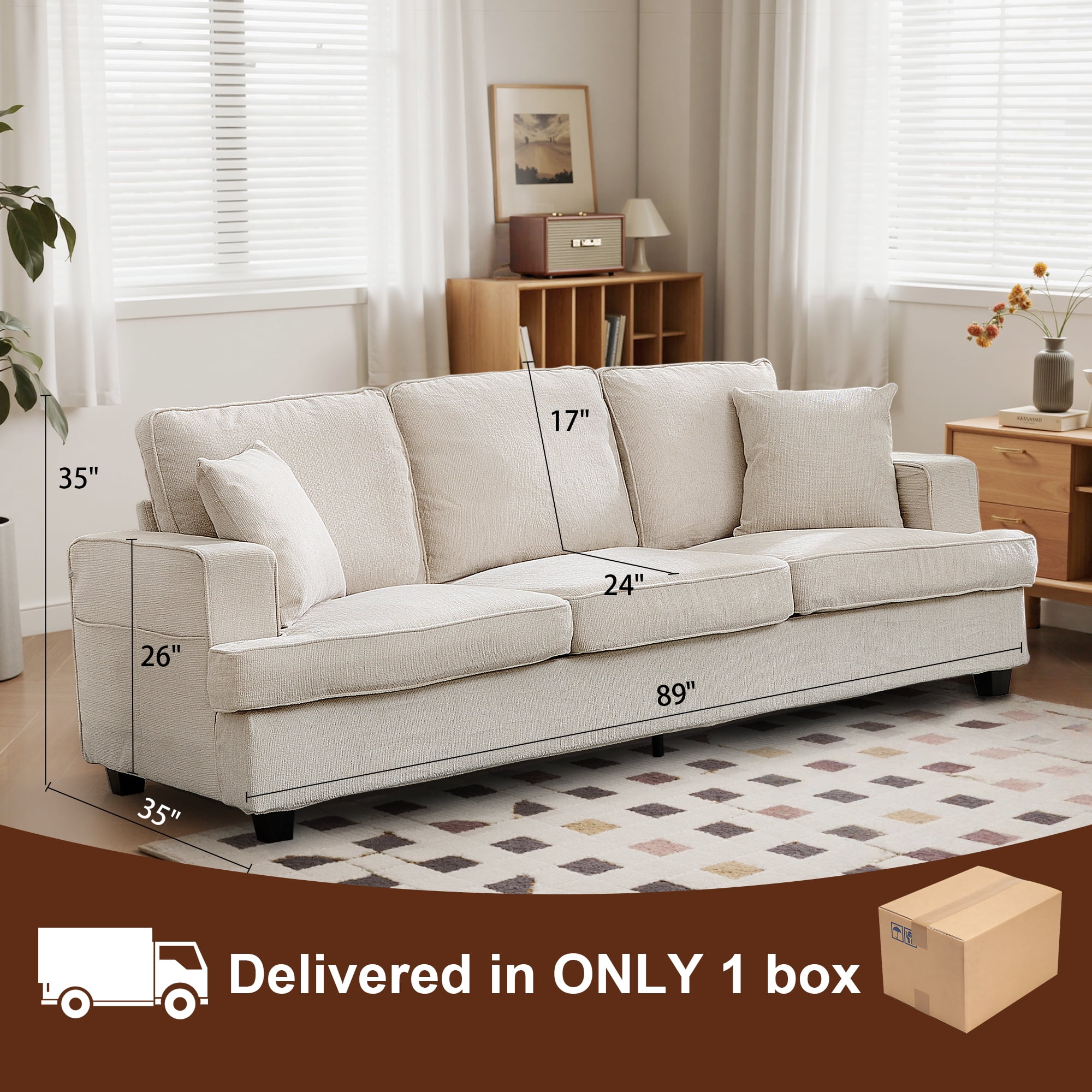 Korser 89" Chenille Sofa 3 Seater Couch with Extra Upholstered Deep Seats for Living Room,Removable Cover,Assembly Required,Beige