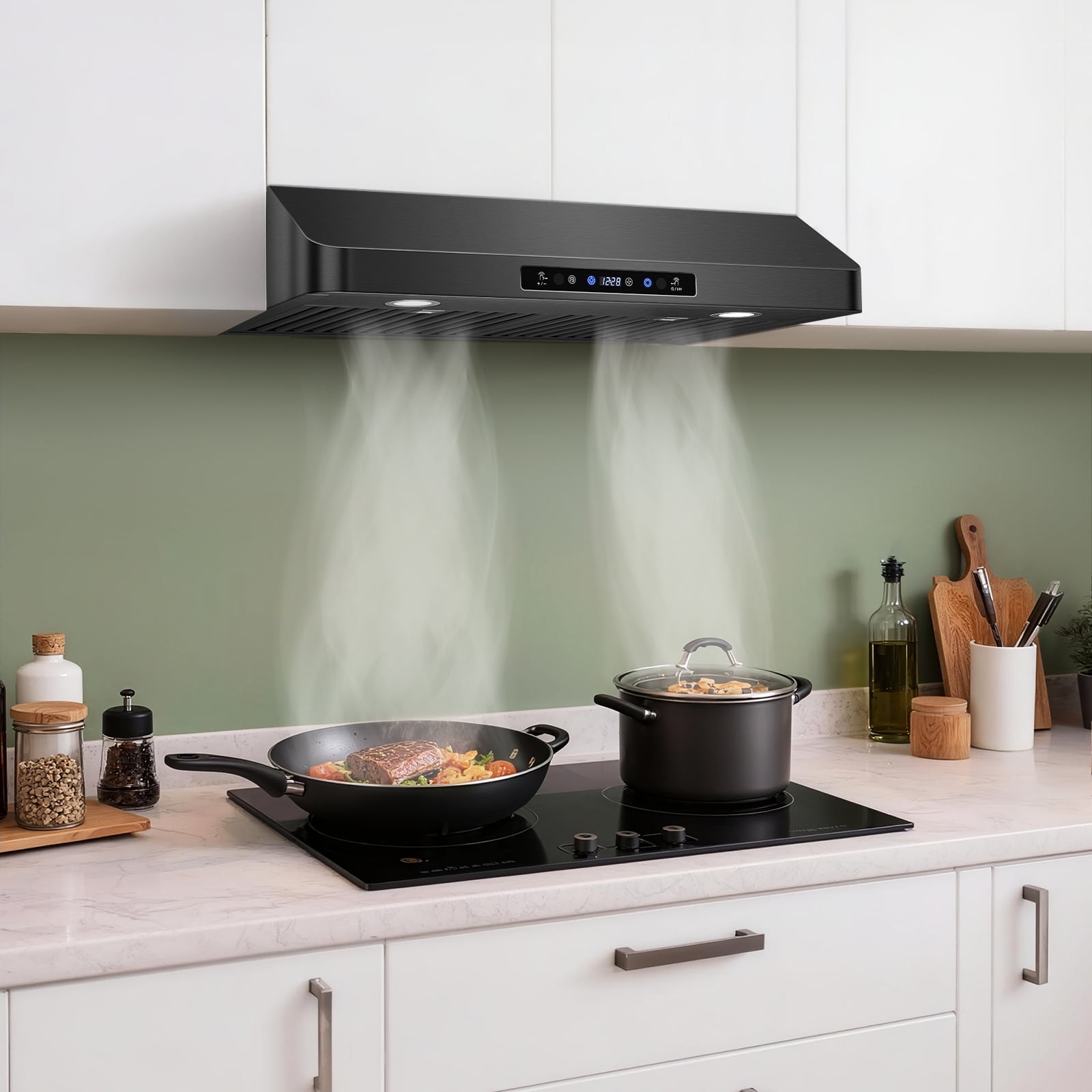 Aobosi Under Cabinet Range Hood 30 Inch, 750CFM Stainless Steel Kitchen Stove Vent Hood 3 Speed Exhaust Fan Touch/Remote/Gesture Control, Black