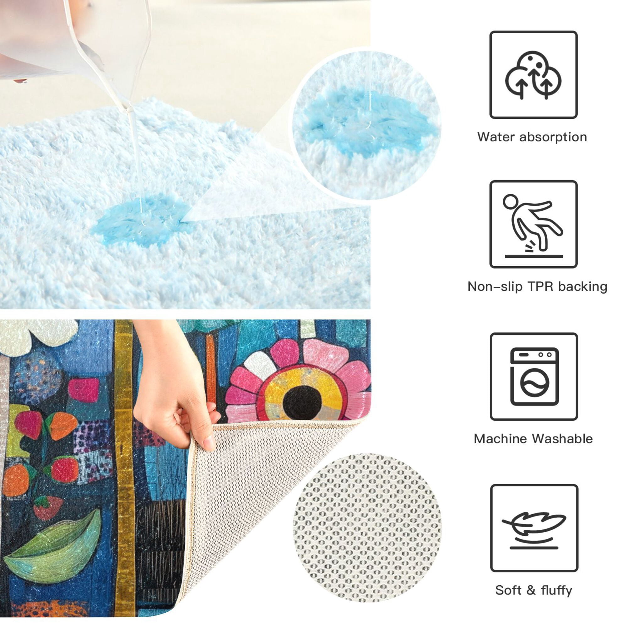 Yayeee Bath Rug for Bathroom Floor Non Slip Contour Fluffy Soft Absorbent Mat, 20"x24", Blue Colorful Flowers
