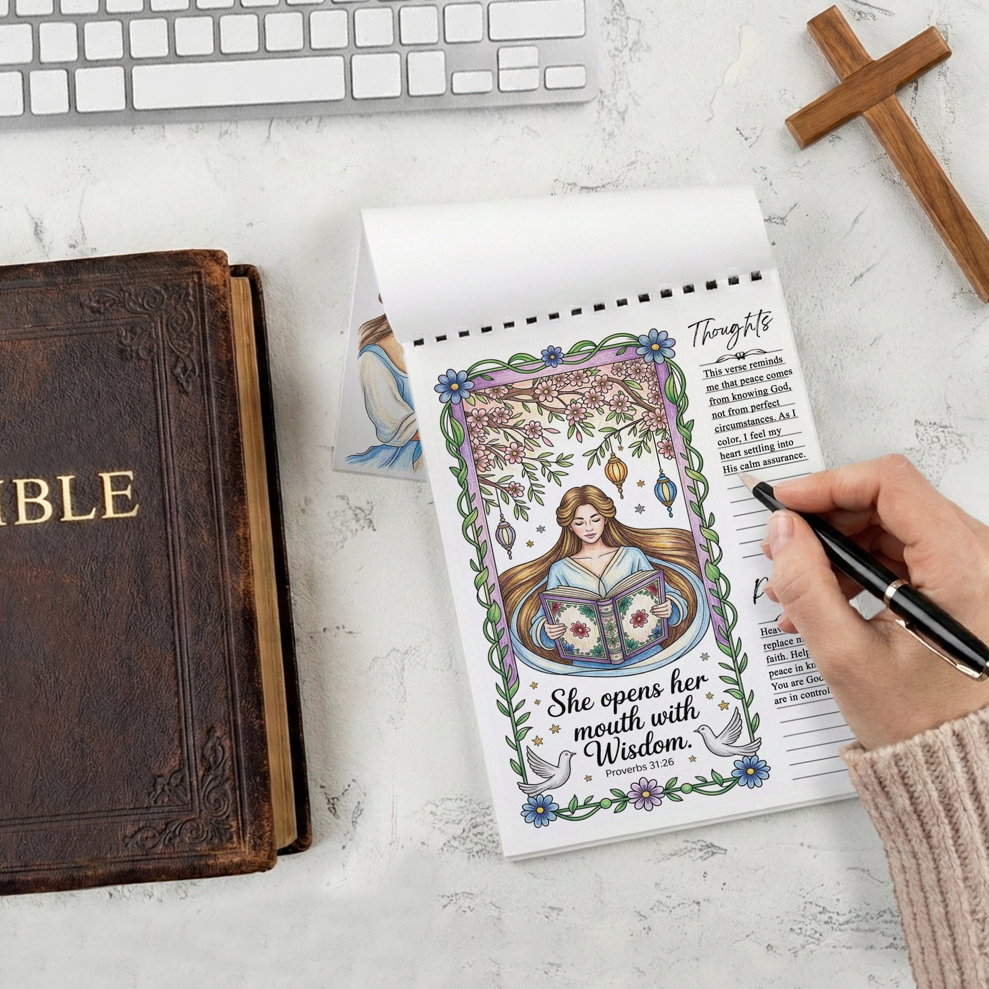 Proverbs Coloring Book for Adults, 30 Minimalist Scripture Art Pages with Reflection & Prayer Space, Spiral Bound, A4 or A5 Softcover or Wood Cover