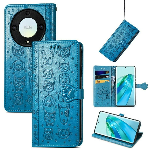 Funda Cartera FOXDOCK para Honor X9A , Flip PU con Relieve de Gatos y Perros, Tarjetero y Soporte