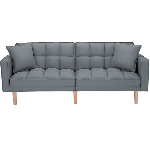 Modern Futon Sofa Bed With Wood Legs Two Pillows Mid Century Couch Armrest Multiangle Backrest Upholstery Fabric Couches And Sofas Recliner For Living Room Office Dark Gray Q13074 Modern Futon Sofa Bed With Wood Legs, Your Zone Grid Tufted Upholstered Sofa Bed Blue