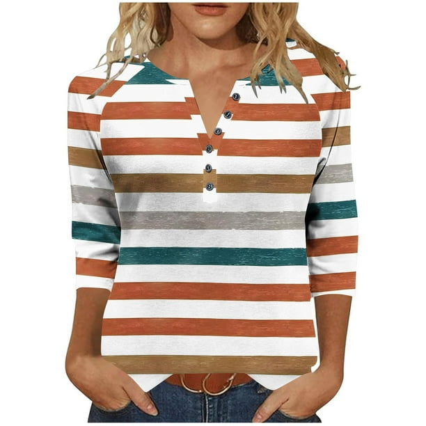 Tejiojio 3/4 Length Seelve Shirts for Women Casual Printed Crewneck Blouse Loose Fit Summer Top