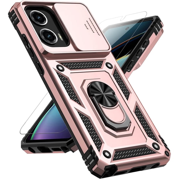 for Moto G Stylus 5G 2024 Case with Slide Camera Cover HD Screen Protector [Military Grade Drop Tested] Magnetic Ring Holder Kickstand Protective Phone Case for Motorola G Stylus 5G 2024, Rose Gold