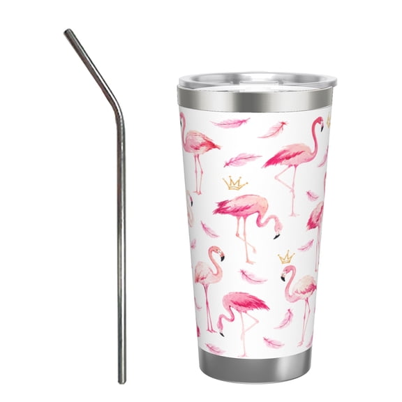 20oz Flamingo Pattern Car Tumbler 20oz Insulated Travel Cup Large Capacity Coffee Cup Pink Flamingo Feather Design Gift for Women Men Birthday Holiday Gift with Stainless Steel Straw
