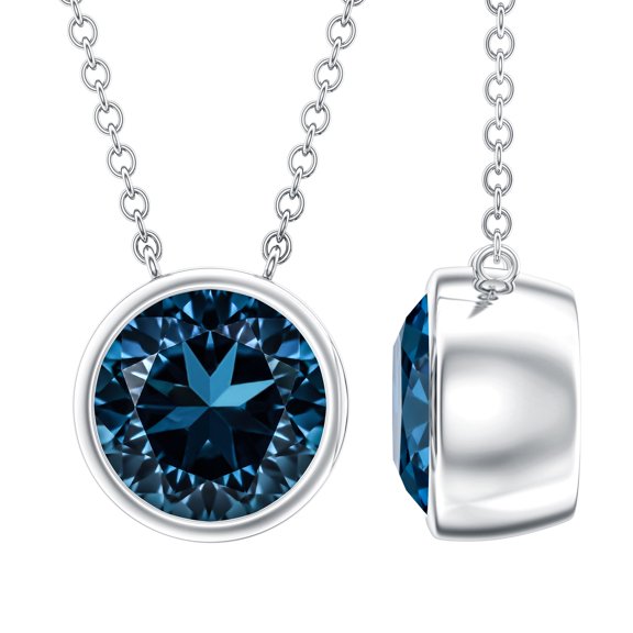 Rosec Jewels Bezel Set London Blue Topaz Necklace for Women - 2 Carat - AAA Grade - December Birthstone Necklace with Jewelry Box, 925 Sterling Silver