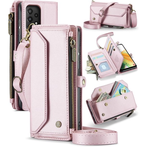funda billetera para Samsung Galaxy A33 con Protección RFID, Ranuras para tarjetas, Pata de Cabra, Correa Desmontable-Funda para teléfono tipo Bandolera con tapa de Cuero PU a prueba