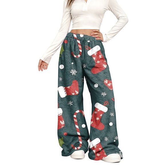 Women's Casual Fashion Christmas Print Elastic Waist Loose Plush Wide Leg Pants, Comfortable Home and Sleepwear Bottoms for Winter, Warm and Cozy Lounge Pants, Dark Blue, L