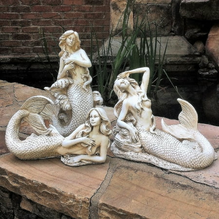 Antique Outdoor Statues Homestyles Classic Mermaid Nautical Beach Statue (3-Piece Assortment) in Antique White Finish Featuring the Newly Designed Flat Table Top Bottoms ()