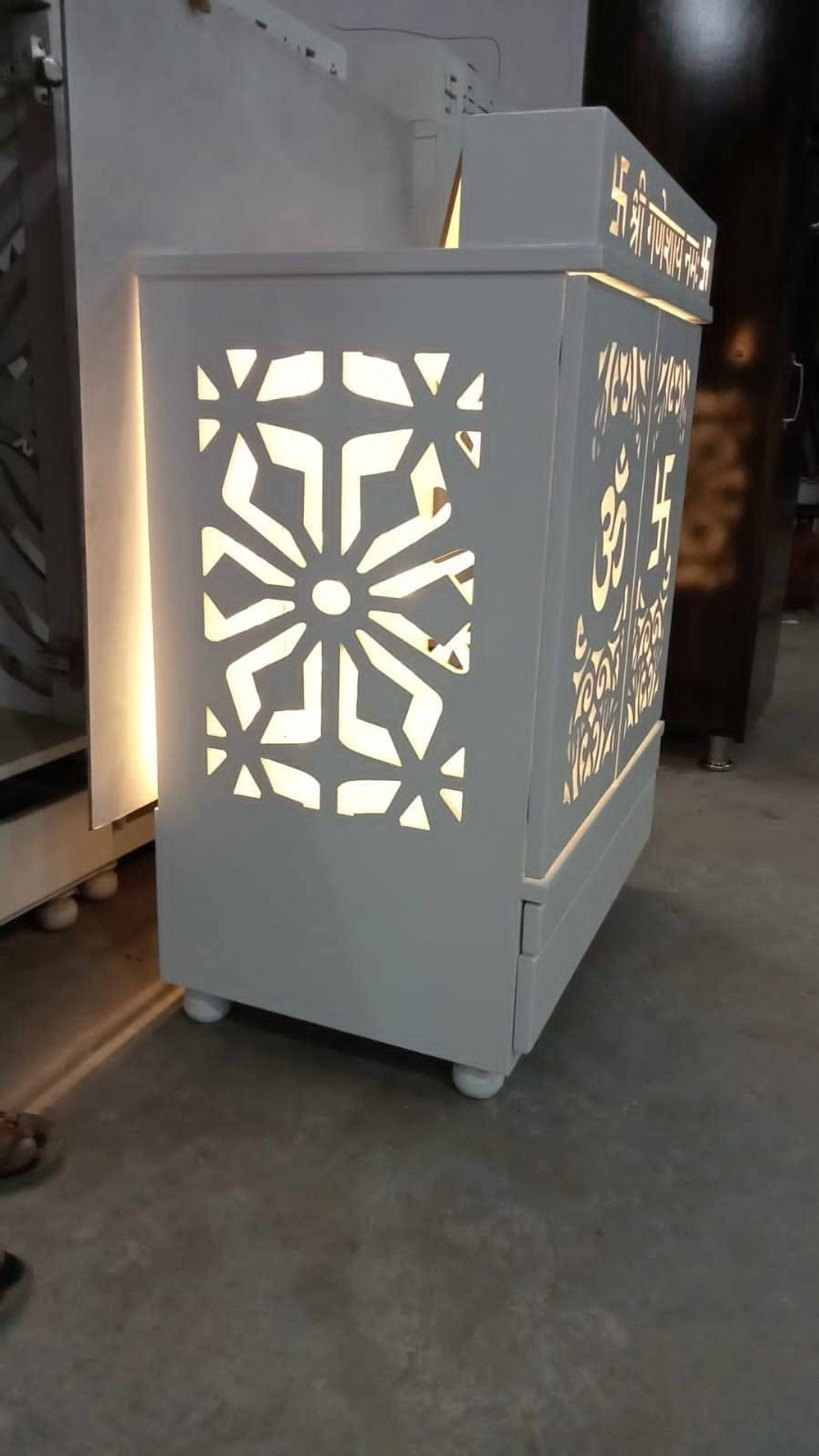 White Wooden Temple For Home With LED Lights / Designer Mandir With Doors And Cabinets / Pooja Mandir /Pooja Mandap/Pooja Ghar /Hindu Temple