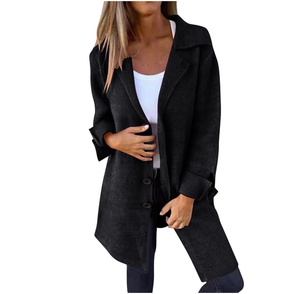 ZQUUVOU Women's Trench Coat Long Sleeve Notch Lapel Cardigan Mid-Long Open Front Button Down Outwear Overcoat Black