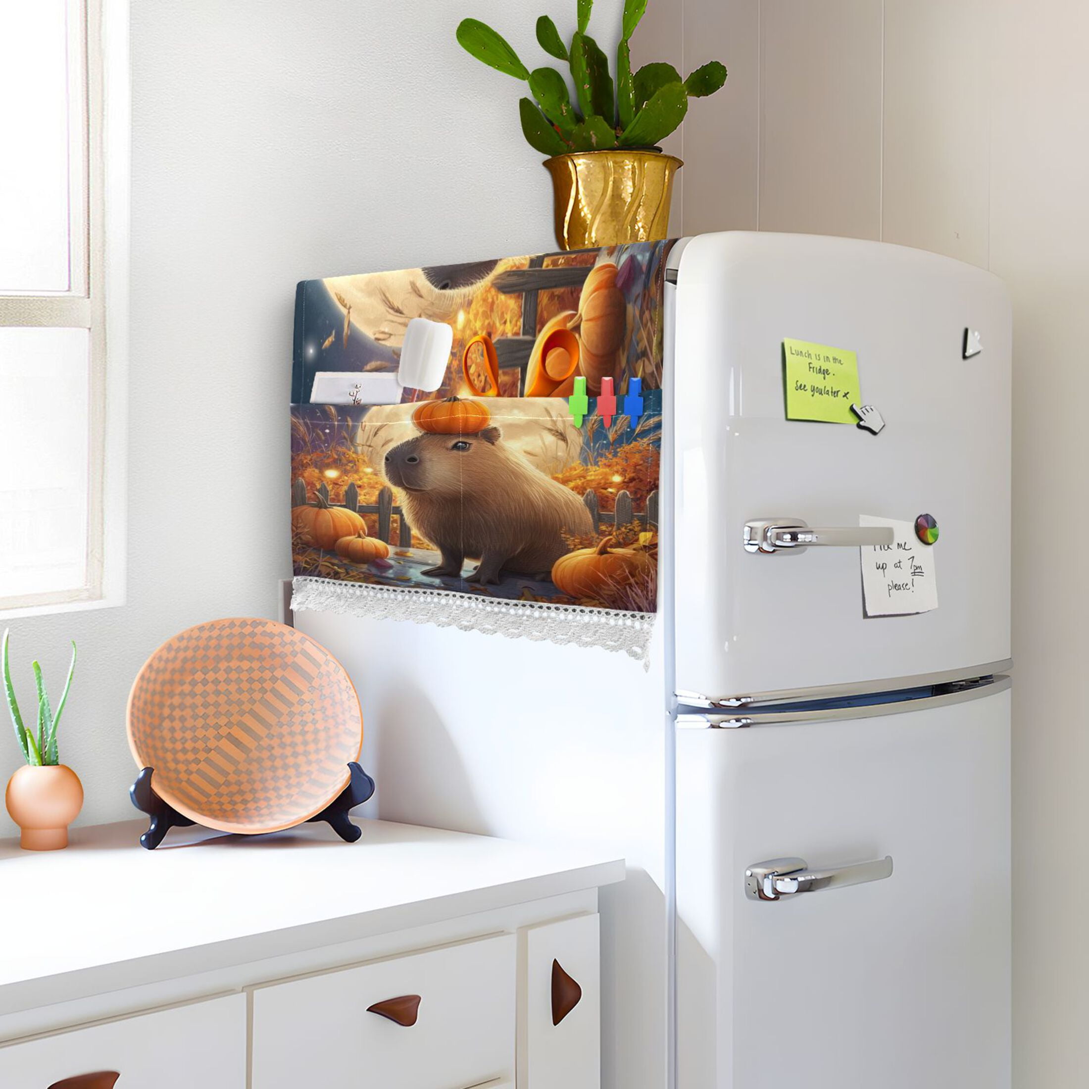 Dustproof Washing Machine Cloth Washer and Dryer Top Covers, Fridge Dust Cover, With Storage Bags Capybara with Pumpkins and Leaves