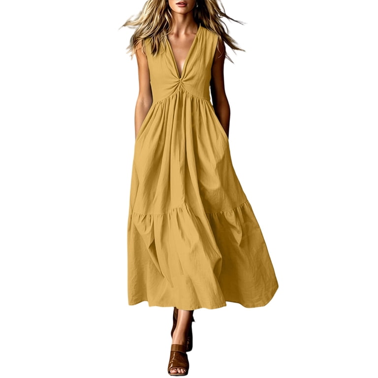 front twist v neck maxi dress in yellow ClodeEU Women's V Neck Twist Front Sleeveless Maxi Dress,Casual Summer Swing Dress Beige,Women's Plus L