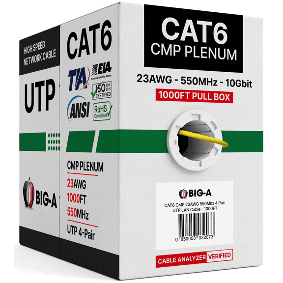 Big A - Cat6 Plenum Cable 1000ft, Cat 6 Ethernet Cable (CMP) 10 Gigabit Solid Network Cable, 550MHz Cat 6 Ethernet Cord, Unshielded Twisted Pair (UTP) - Yellow