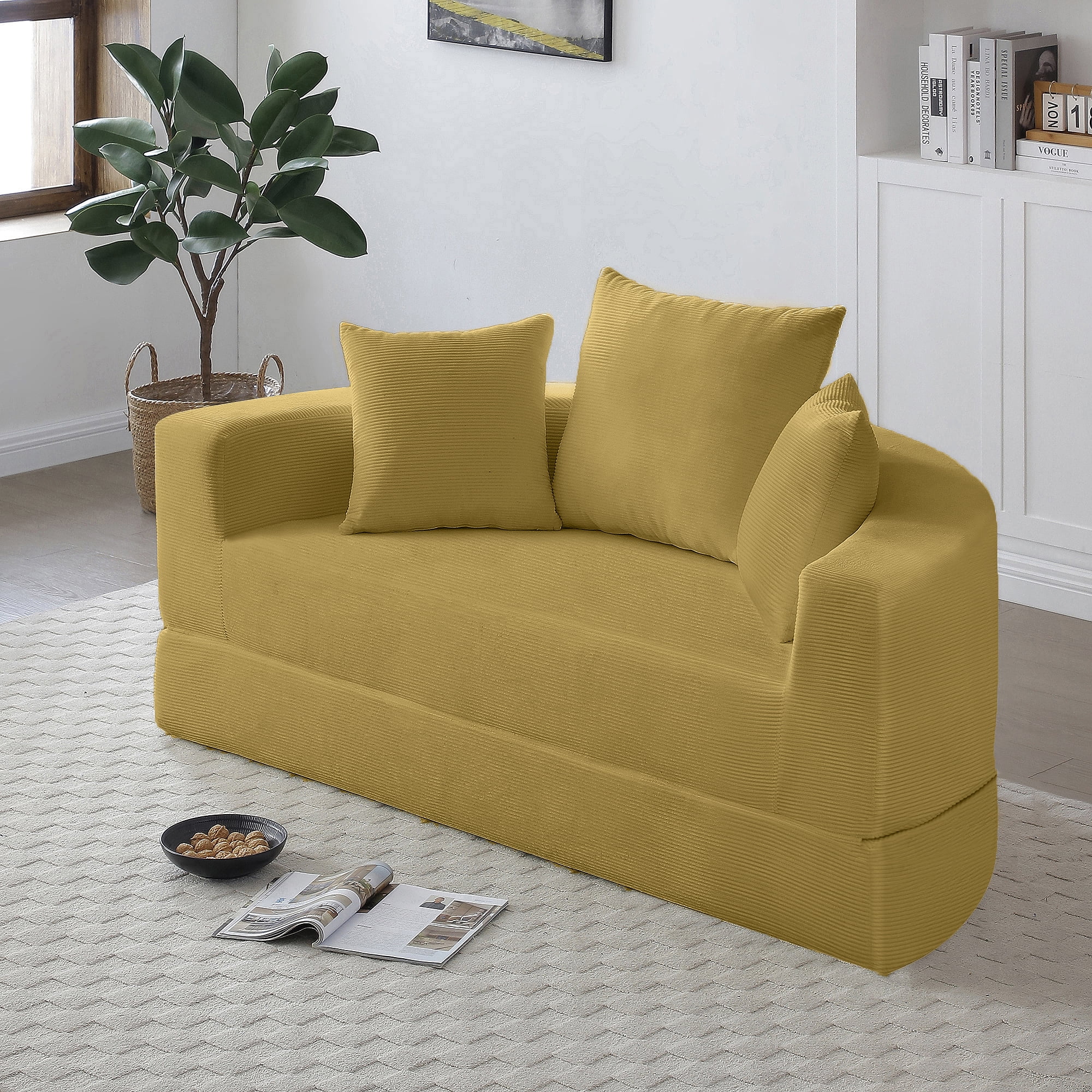 Leumius 2 in 1 Convertible Sofa Bed,Oversized Corduroy Upholstered Boneless Couch,Loveseat Sleeper with Pull Out Bed for Living Room Bedroom Lounge,No Assembly Required,Yellow