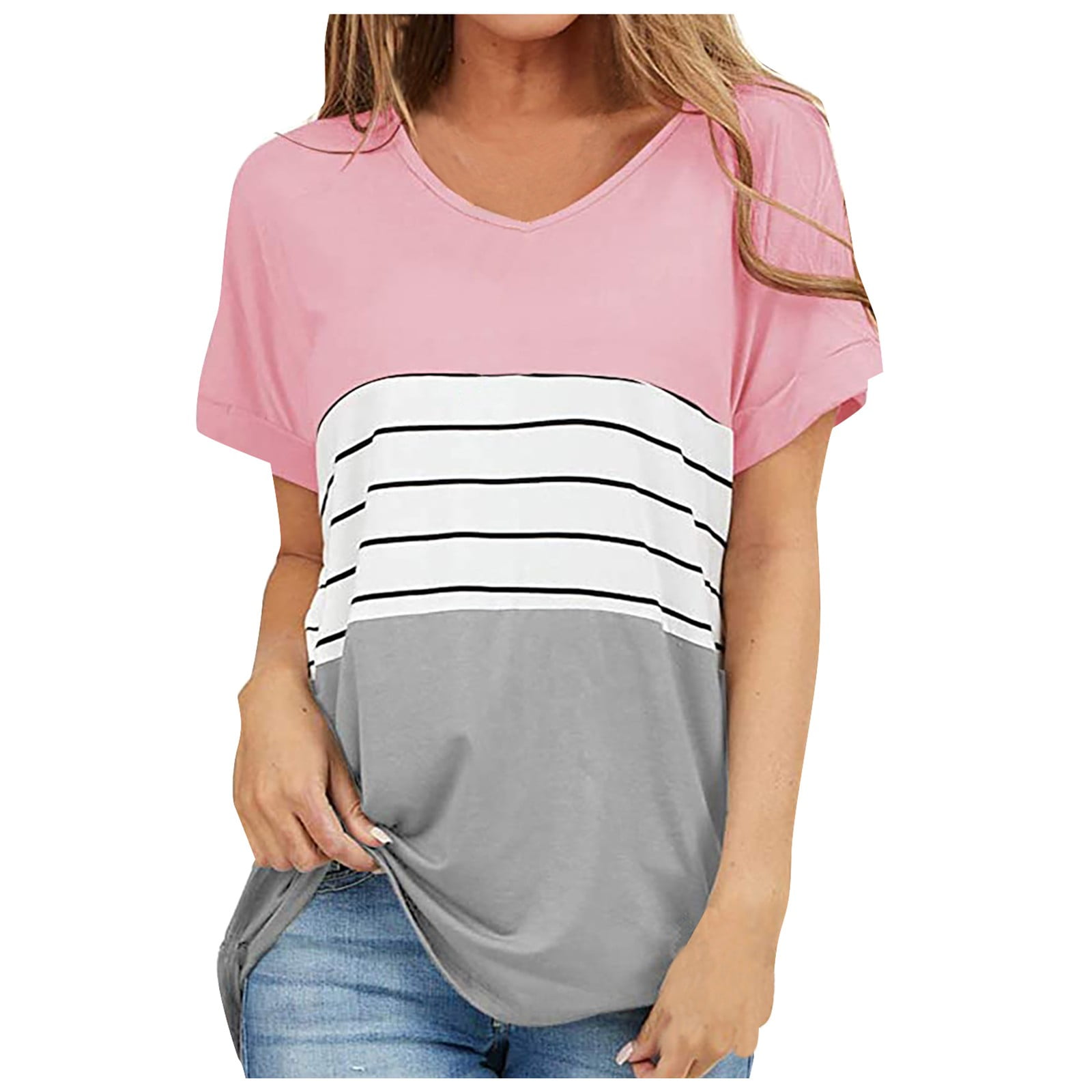 Forestyashe T Shirts For Women Casual Tops Summer Roll Up Short Cuffed Sleeve Color Block Stripe Tee Shirt Top Walmart Com
