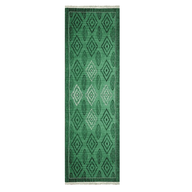 Casavani Cotton Handblock Printed Dhurrie Green Hallway Runner Area Rug Outdoor Rug 4x12 feet