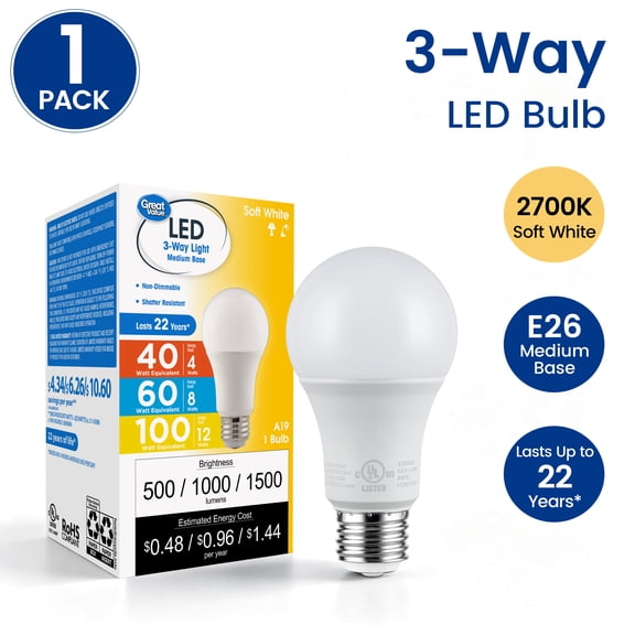Great Value A19 LED Soft White 3-Way E26 Medium Base Light Bulb, 1 Count