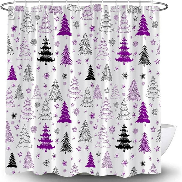 Christmas Tree Shower Curtain Purple Black Grey Xmas Tree Retro Christmas Tree Snowflake Merry Christmas Pine Pattern New Year Rustic Winter Holiday Fabric Bath Curtain Set with Hook