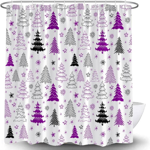 Christmas Tree Shower Curtain Purple Black Grey Xmas Tree Retro Christmas Tree Snowflake Merry Christmas Pine Pattern New Year Rustic Winter Holiday Fabric Bath Curtain Set with Hook